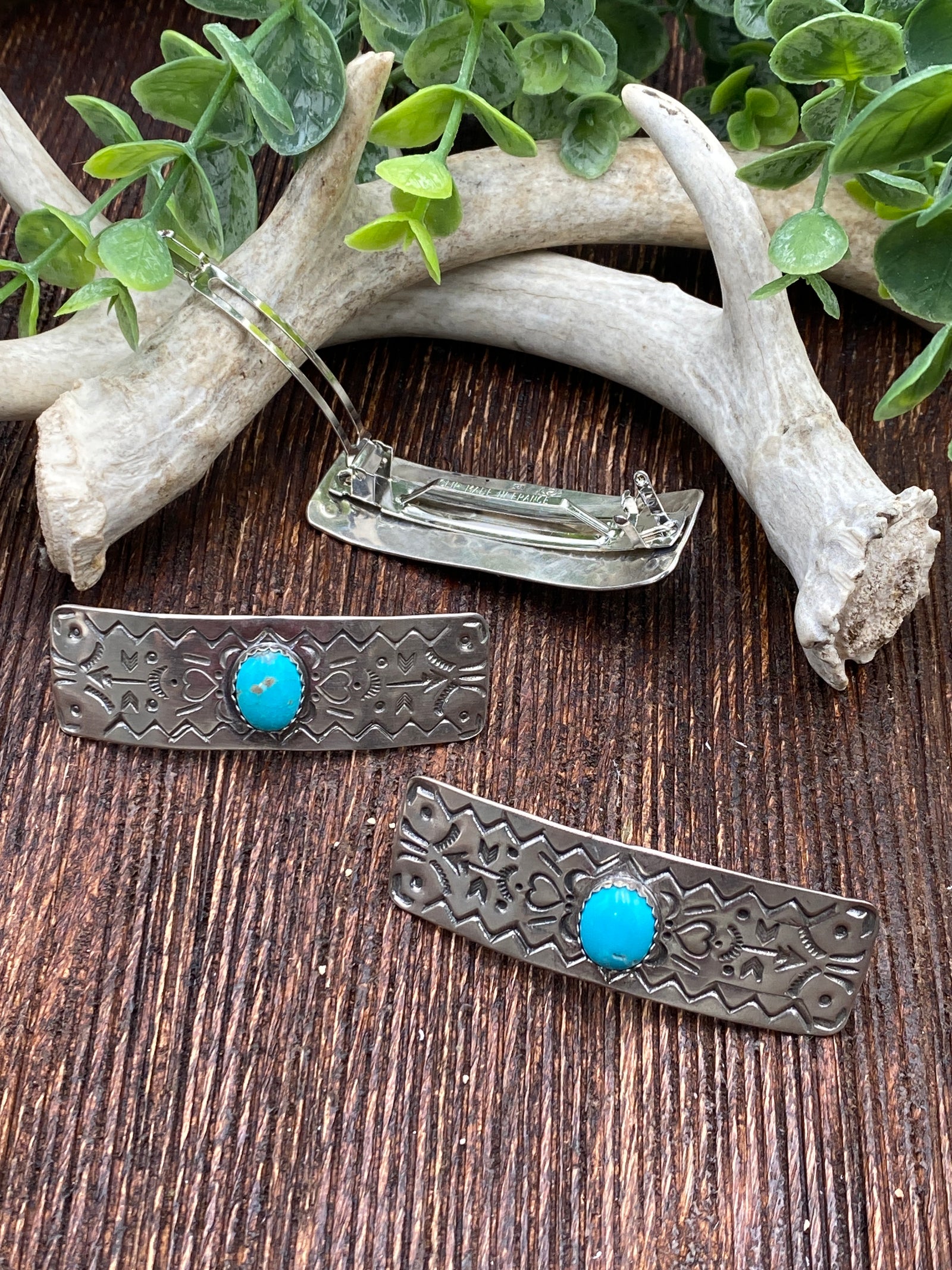 Dakota Stamped Sterling Turquoise Barrettes