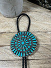 De Soto Leather Bolo Tie With Sterling Turquoise Zuni Cluster Slide - 19"