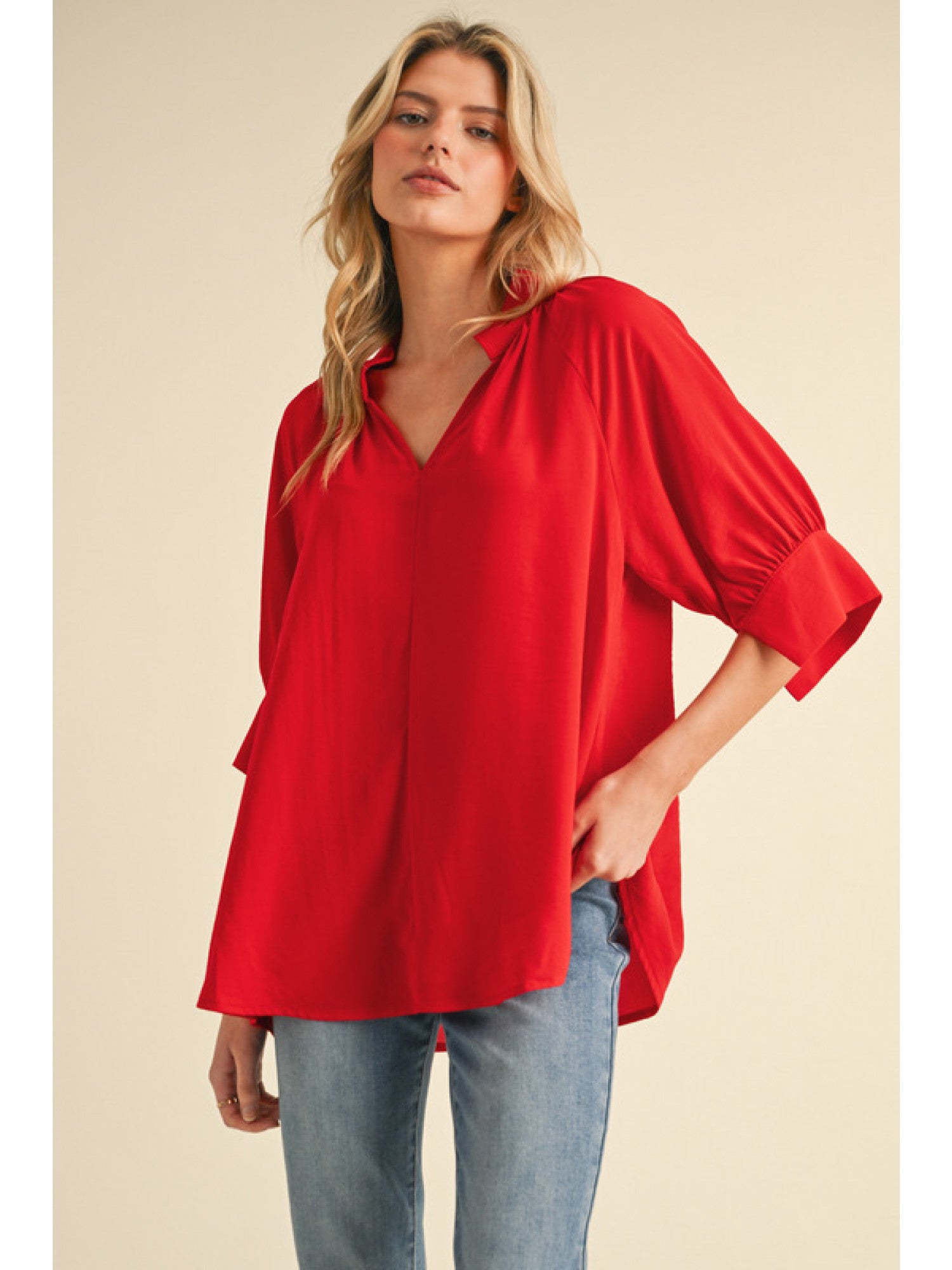 Nala Solid Ruched Shoulder Blouse