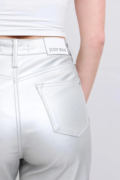 White jeans with 'Judy Blue' branding on a plain background