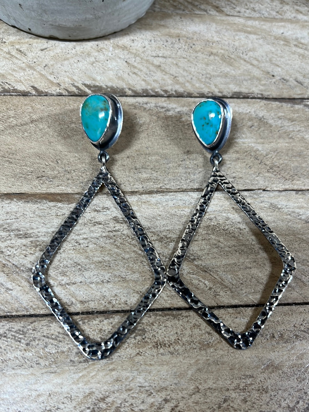 Hammered Silver Turquoise Diamond Earrings