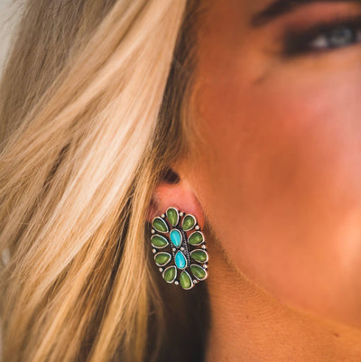 Turquoise & Green Oval Cluster Post Earring