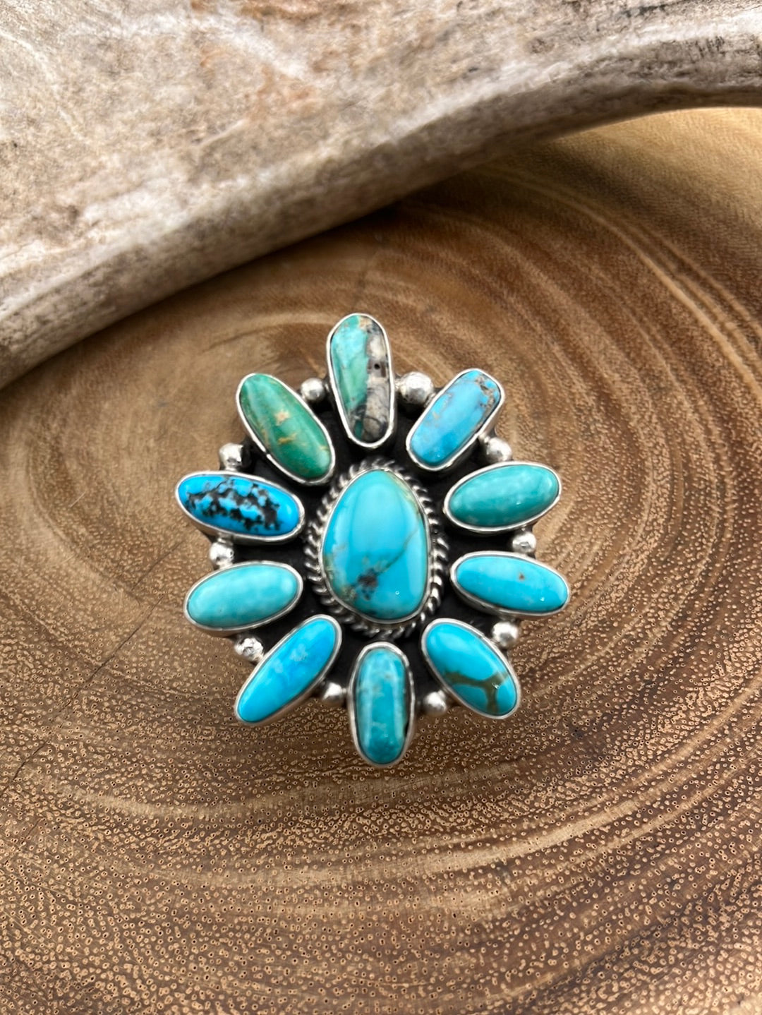 Jackie Sterling 11 Stone Turquoise Ring - Adjustable
