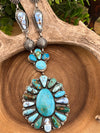 Teton Sky Sonoran Gold, Golden Hills, & Kingman Turquoise Statement Necklace with Flower Pendant