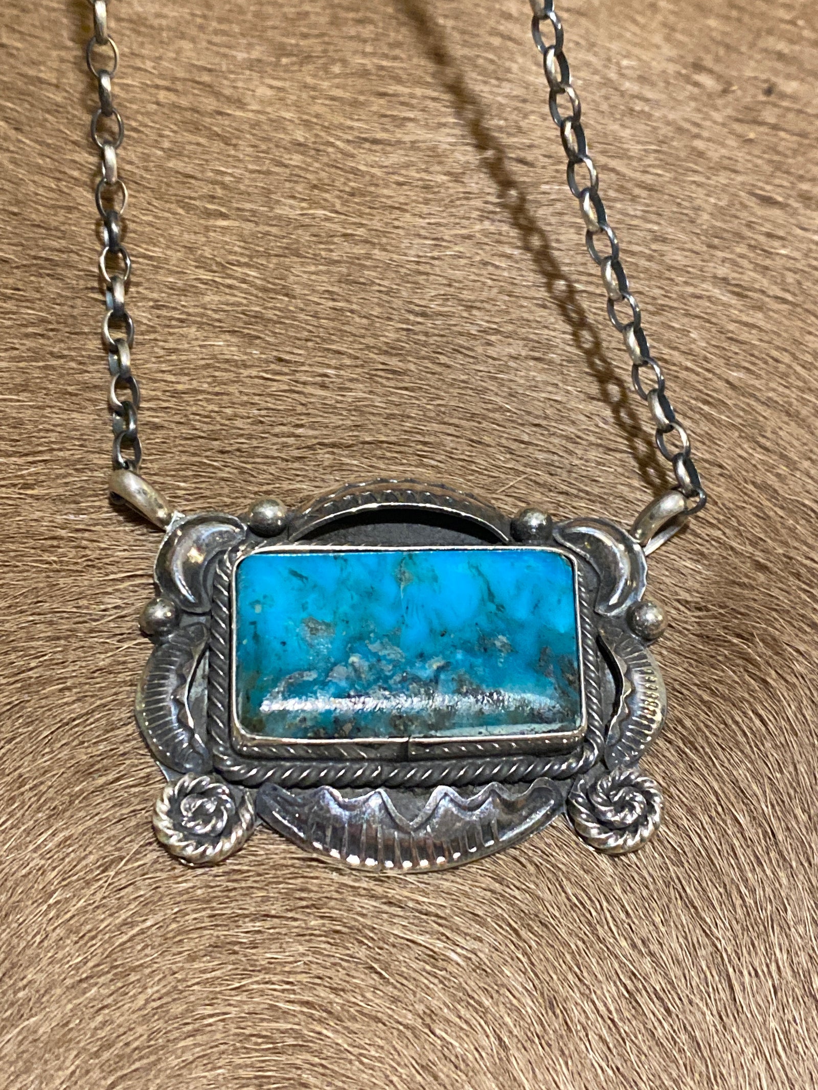 Mistletoe Heights Sterling Framed Turquoise Rectangle Necklace - 16"