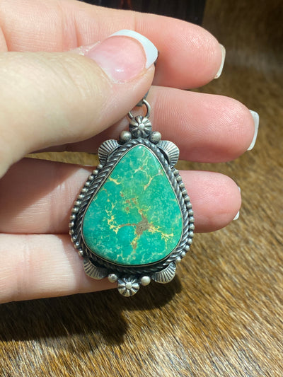 Ada Sterling Framed Green Turquoise Teardrop Pendant