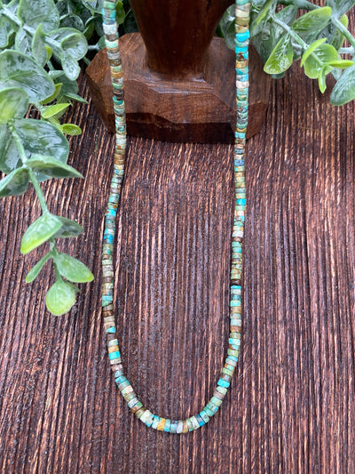 Dusty Green Turquoise Heishi Necklace With Navajo Pearl Ends - 17"