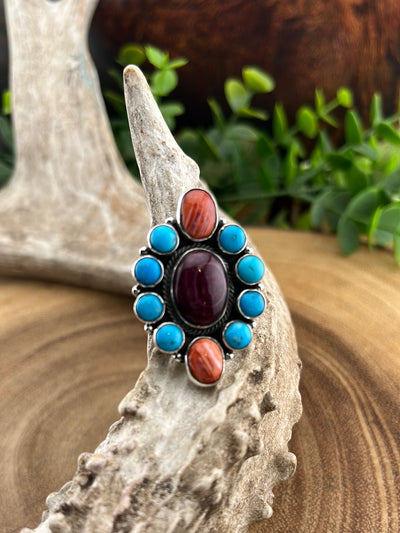 Jade Turquoise, Purple & Orange Spiny Adjustable Ring
