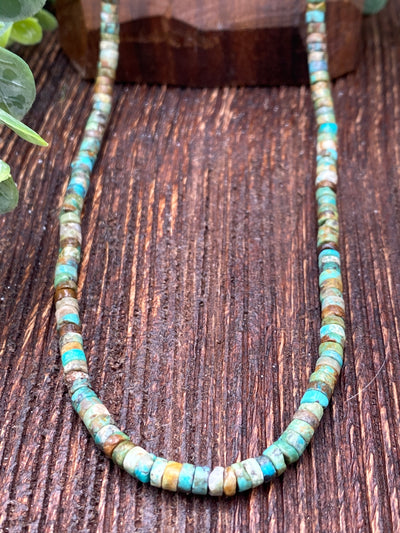 Dusty Green Turquoise Heishi Necklace With Navajo Pearl Ends - 17"