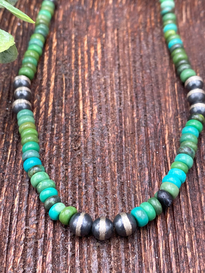 Bombay Green Turquoise Bead Necklace With 6mm Navajo Pearl Accents - 18"