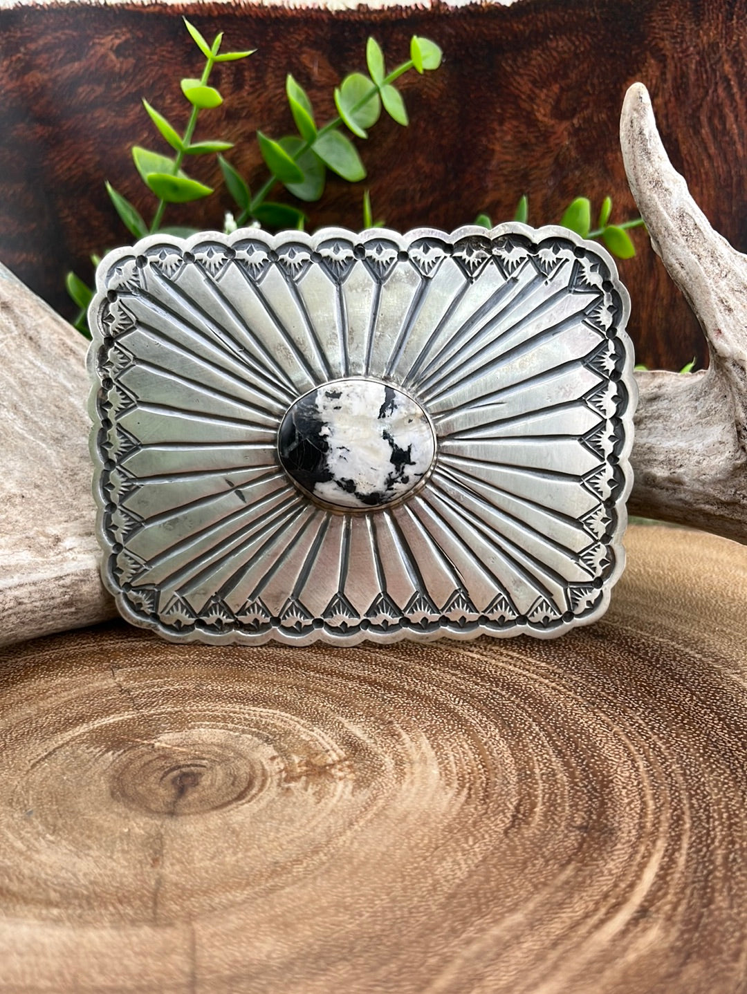 May Sterling Silver and White Buffalo Stamped Belt Buckle