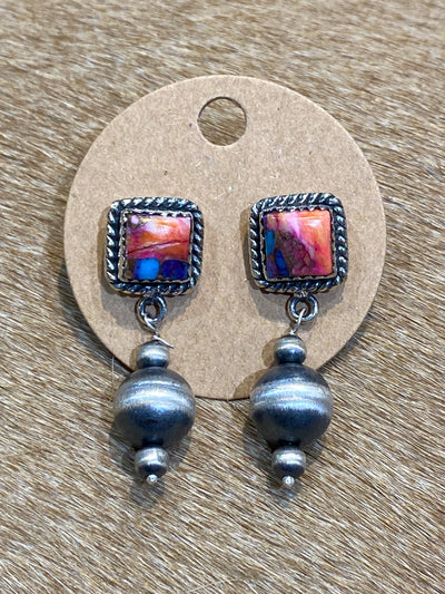 Hada Collection Square Post Navajo Pearl Drop Sterling Earrings