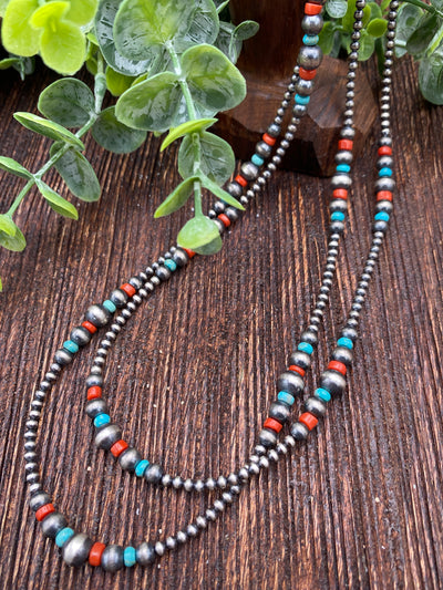 Lilith 3mm Sterling Navajo Necklace Varied With Coral & Turquoise - 18"