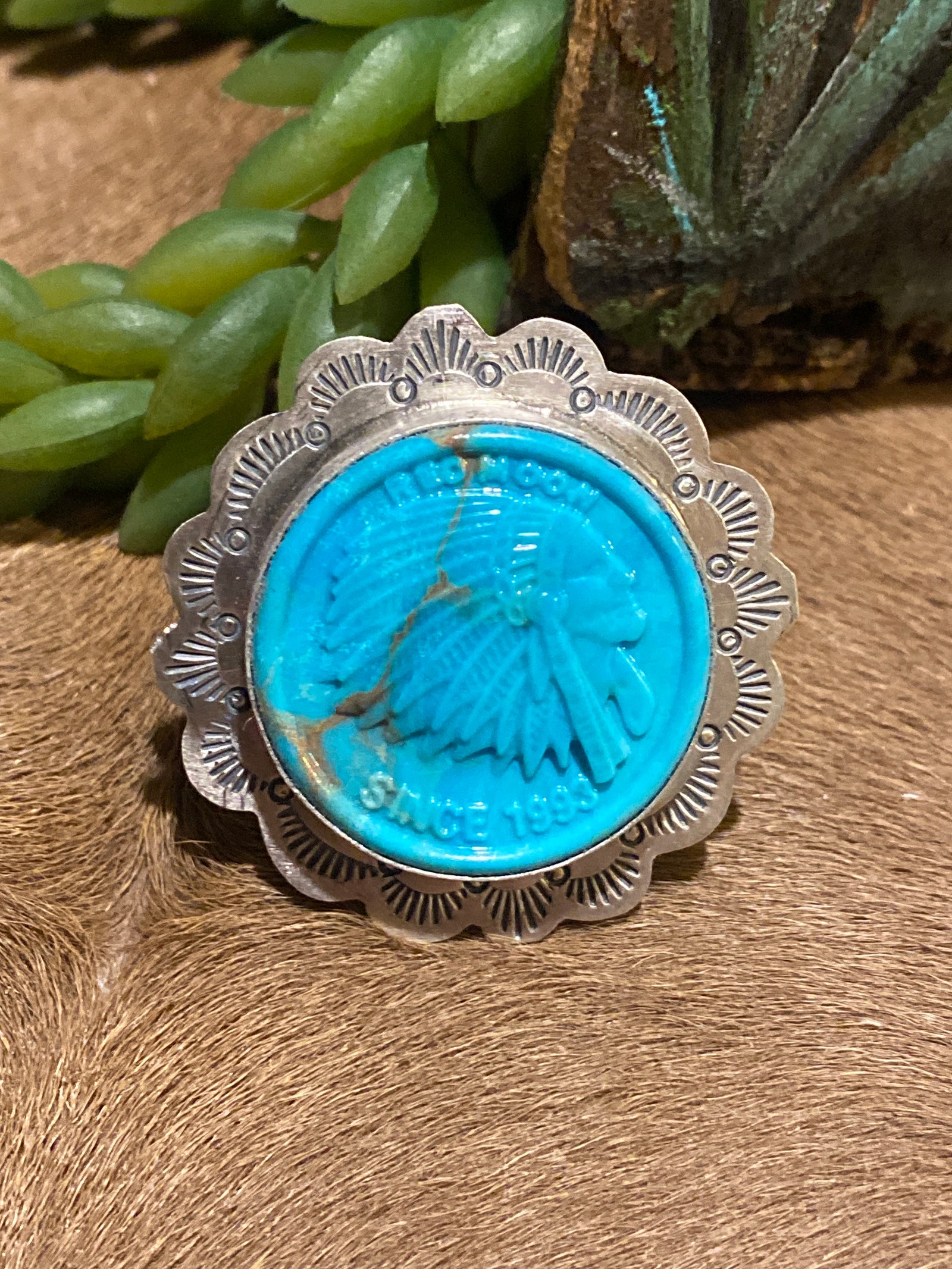 Higgins Carved Turquoise Chief Sterling Ring - Adjustable