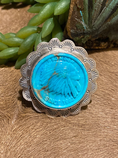 Higgins Carved Turquoise Chief Sterling Ring - Adjustable