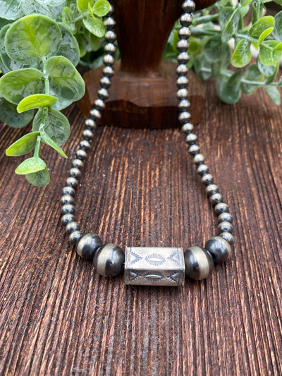Sammy Varied Navajo Necklace With Stamped Hex Center Bead - 16"