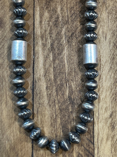 Statler Barrel & Stamped Bead Sterling Navajo Necklace - 26"
