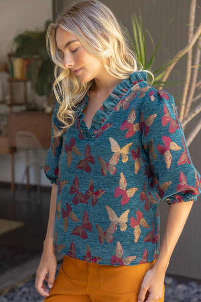 37314 Ruffled V-Neck Butterfly Jacquard Top