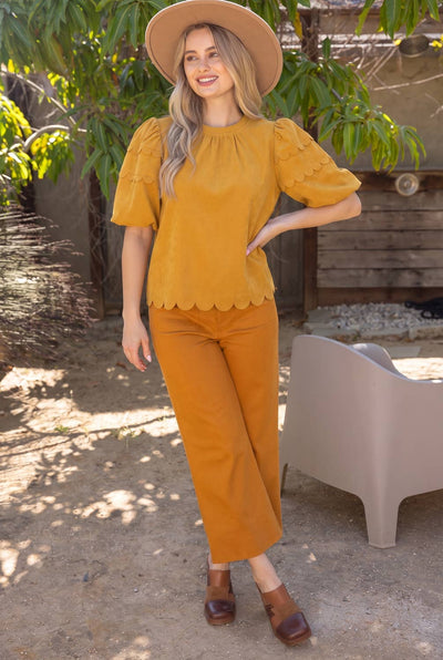 37225 Scalloped Hemline Bubble Sleeve Solid Corduroy Top