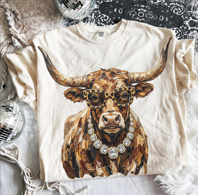 Glam Longhorn Graphic Tee – Leopard Glasses & Rhinestone