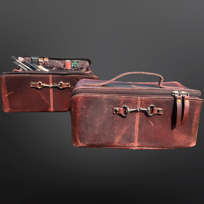 Equestrian Toiletry Bag Distressed Oily Leather Snaffle Bit: Newmarket Brown
