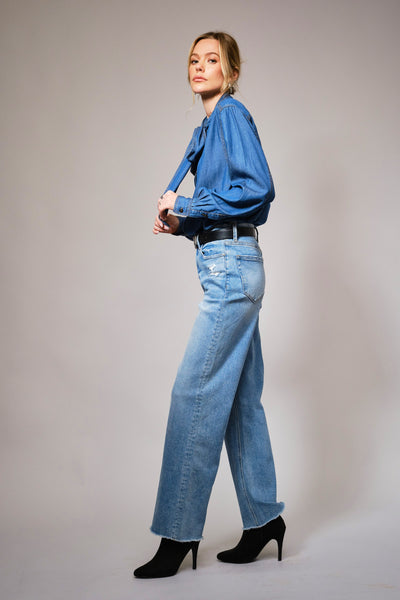 Jill Tie Neck Hidden Button Chambray Blouse