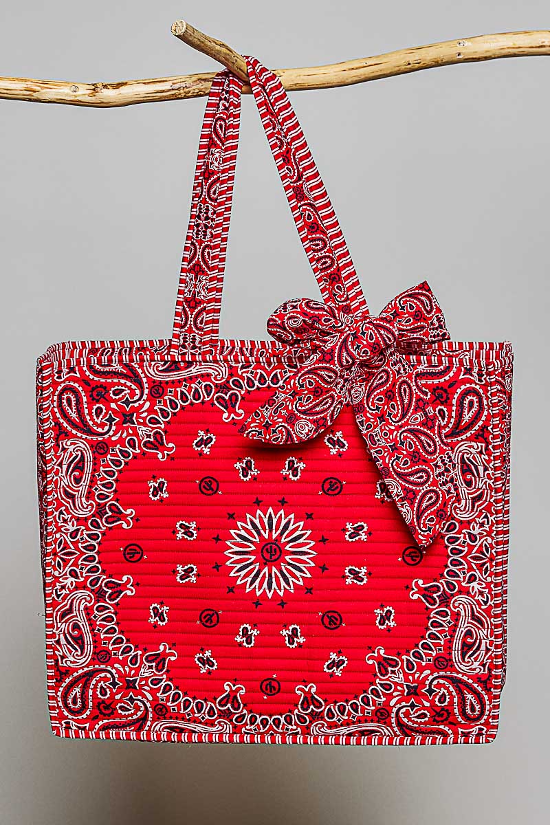 Quilted Bandana Paisley Striped Trim Oversized Tote Bag