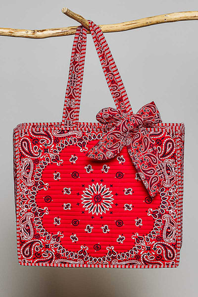 Quilted Bandana Paisley Striped Trim Oversized Tote Bag
