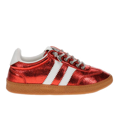 A low-top sneaker featuring a metallic red upper with three white side stripes, a white heel tab, and a brown gum sole, shown against a plain white background.