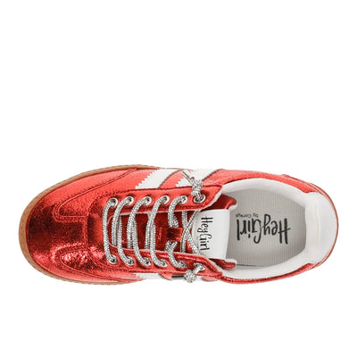 A red metallic low-top sneaker with white stripes, silver rhinestone laces, and a white insole, shown from a top-down view on a white background.