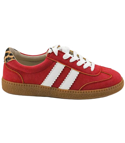 Red sneaker with white stripes on a white background