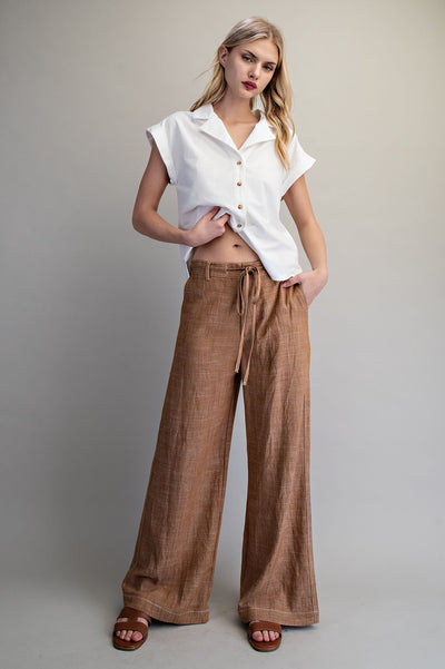 Tie Straight Leg Textured Pants
