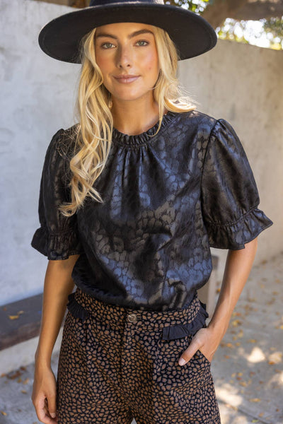37319 Ruffled Puff Sleeve Animal Print Faux Leather Top