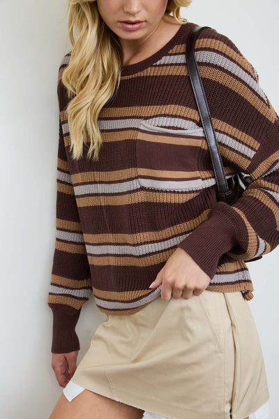 Stripe Raw Edge Cropped Long Sleeve Knit Sweater
