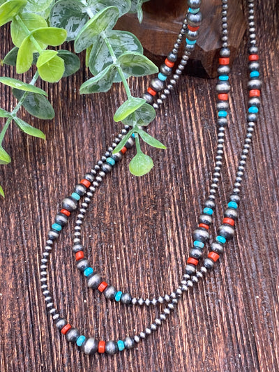 Lilith 3mm Sterling Navajo Necklace Varied With Coral & Turquoise - 18"