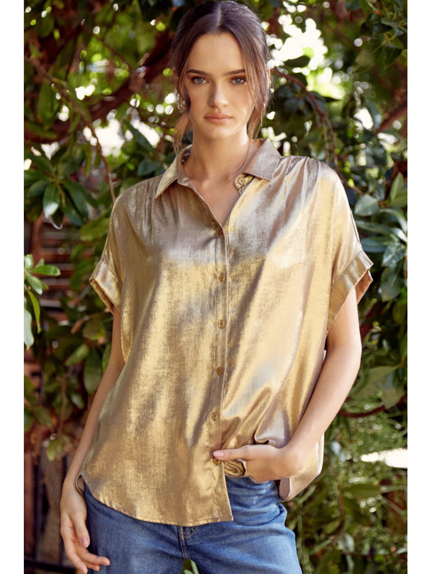 Mindy Metallic Collared Button Up Blouse