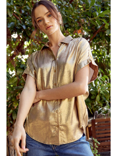 Mindy Metallic Collared Button Up Blouse