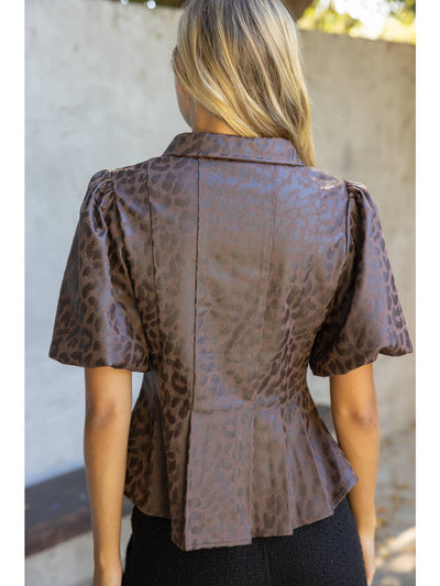 Pleated Collar Button Down Faux Leather Top - Brown
