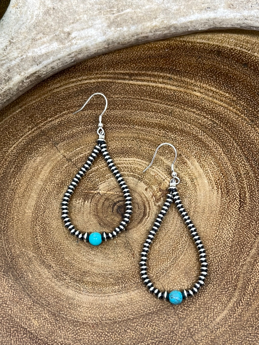 3mm Saucer Bead & Turquoise Teardrop Earrings  - 3"
