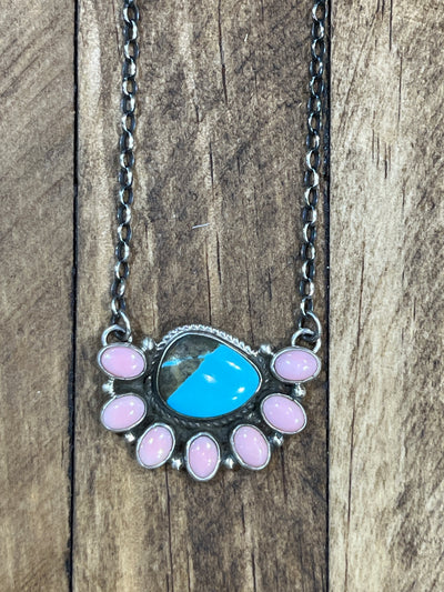 Lethbridge Sterling Link Chain with Turquoise & Pink Conch Fan Pendant - 16"