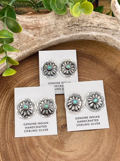 Sterling Silver Round Concho Post Earrings with Turquoise Stone