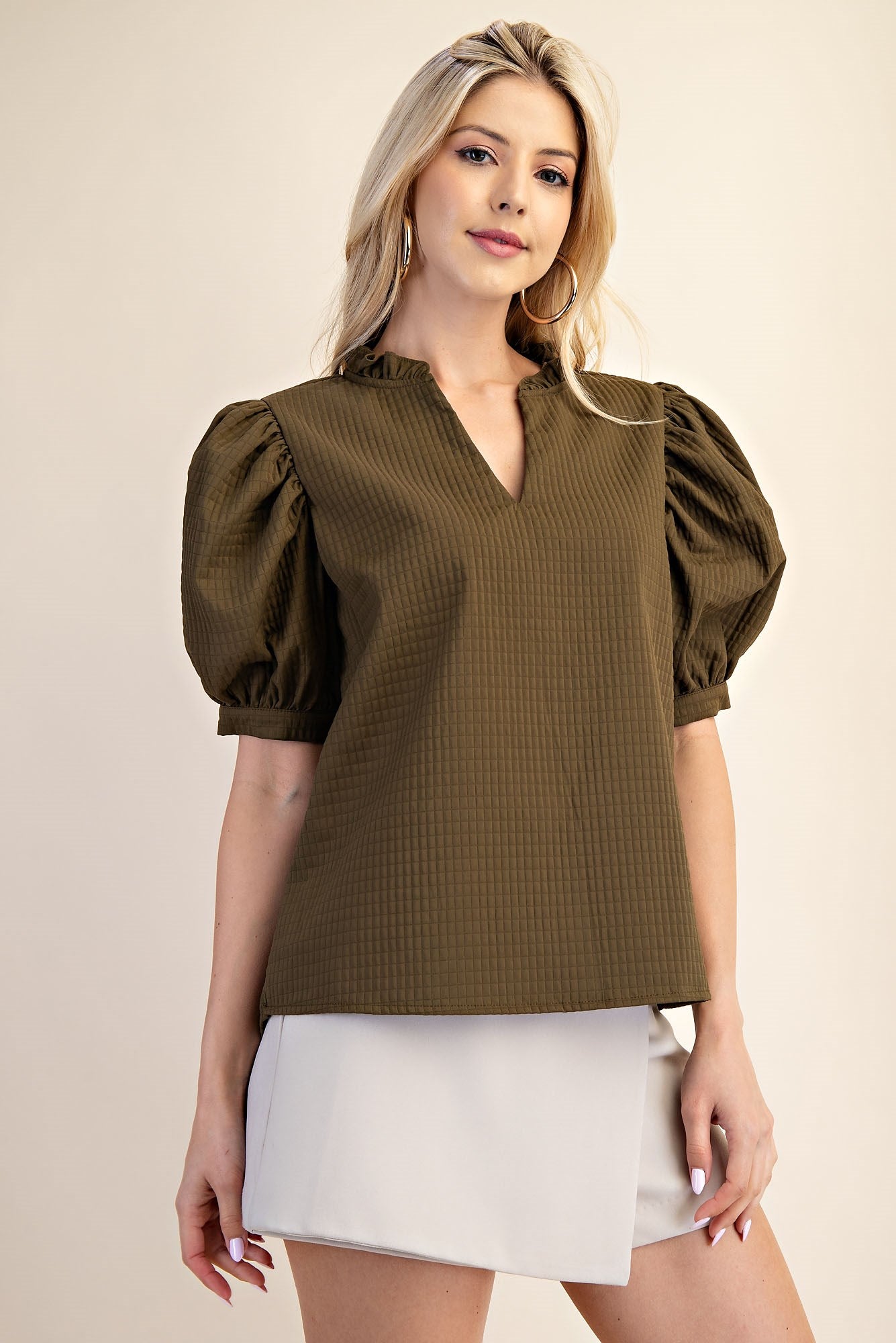 Olive Ruffle V-Neck Puff Sleeve Top