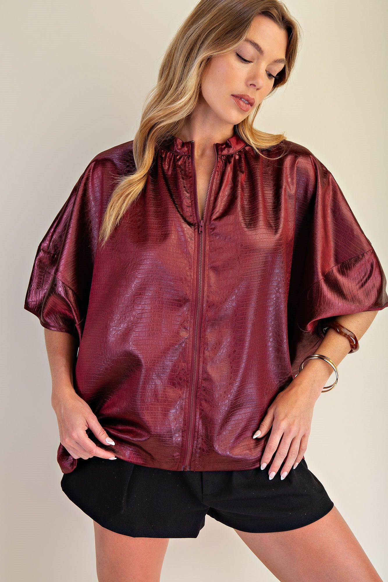 Front Zipper Oversized Cape Blouse