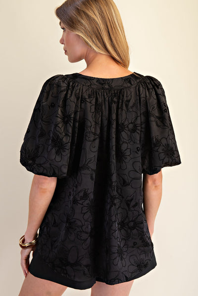 V-Neck Stitch Placket Puff Sleeve Top