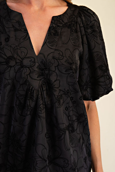 V-Neck Stitch Placket Puff Sleeve Top