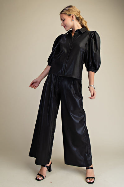 Collar Neck Puff Sleeve Button Down Shirt