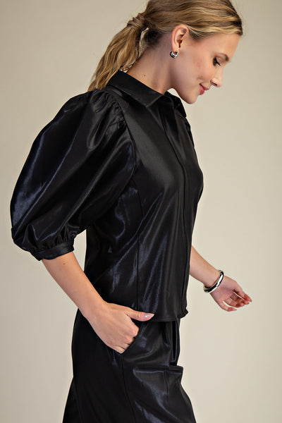 Collar Neck Puff Sleeve Button Down Shirt