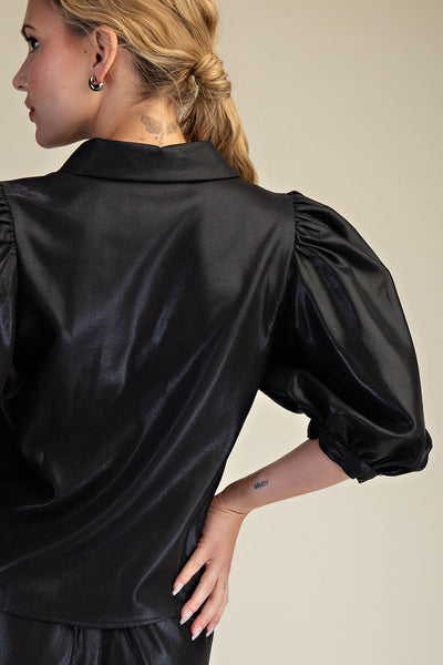 Collar Neck Puff Sleeve Button Down Shirt