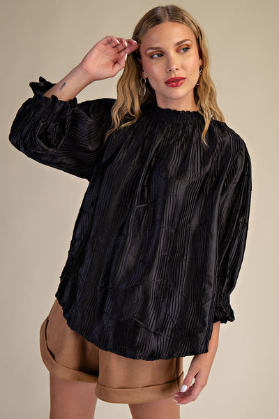 Deatra High-Neck Puff Sleeve Top