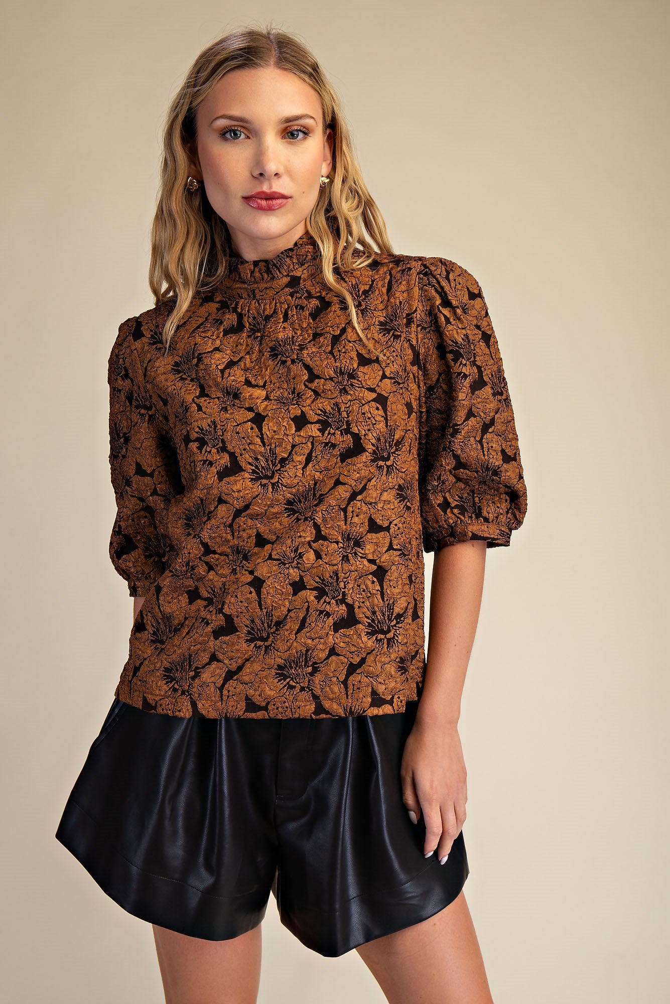 Brown High Collar Balloon Sleeves Top